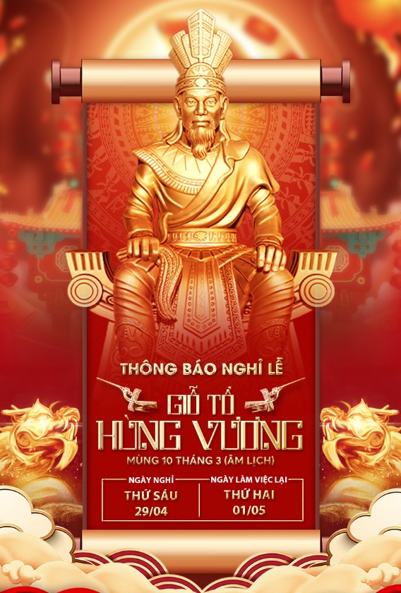 Holiday announcement poster for Hung Kings' Festival with a golden statue and traditional motifs poster banner media post, poster thông báo lịch nghỉ Giỗ tổ Hùng Vương